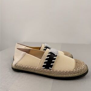 Cosy Island Womens Flat Espadrilles Size 38 US 7.5 Beige Canvas Black Leather